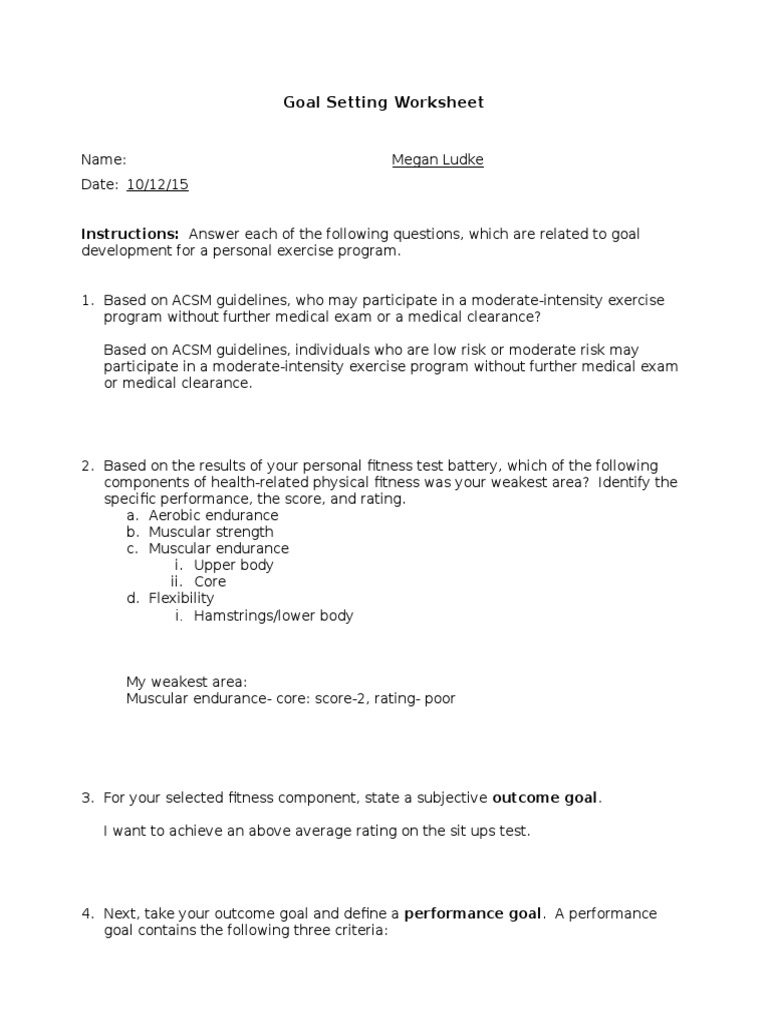 goal setting worksheet | Goal | Physical Fitness