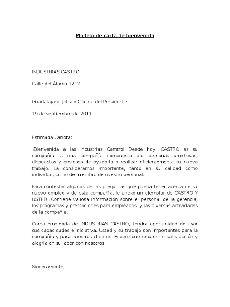 Carta De Bienvenida A Un Nuevo Empleado Compartir Carta
