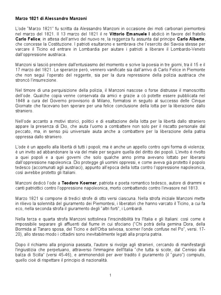 Marzo 1821 Di Alessandro Manzoni