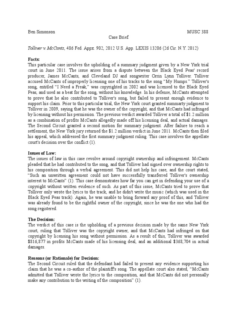 Legal Issues Case Brief Summary Judgment Copyright