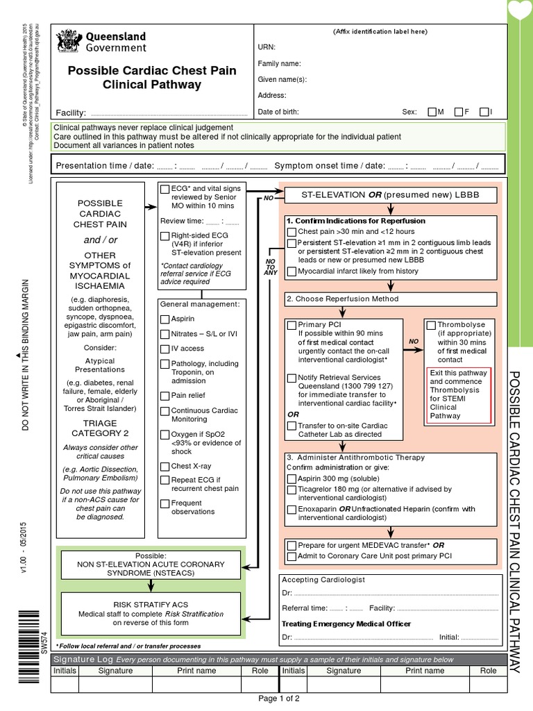 Possible Cardiac Chest Pain Clinical Pathway Facility Pdf Angina