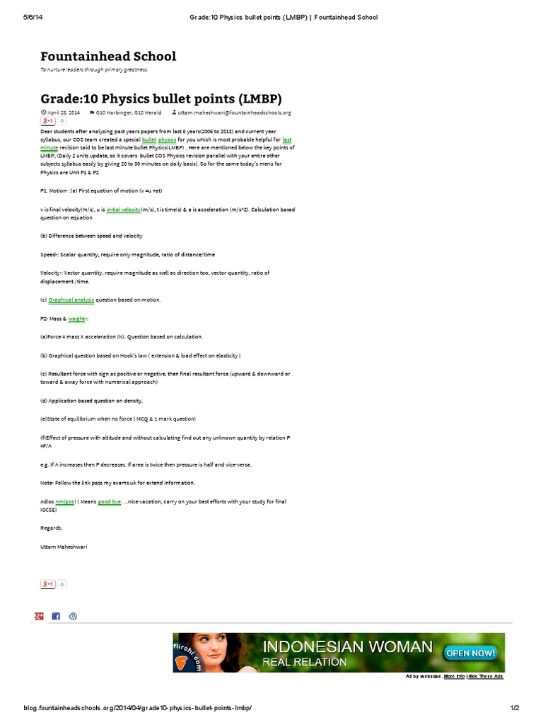 Grade 10 Physics Revision Bullet Points | PDF | Velocity | Force