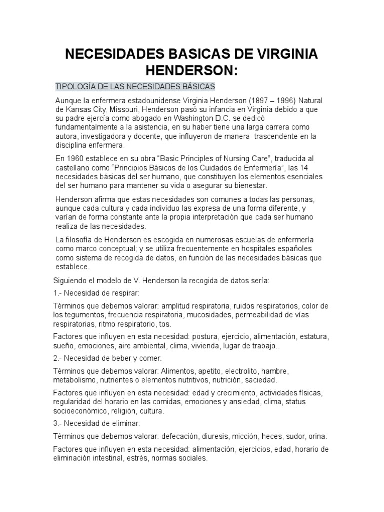 14 Necesidades Básicas de Henderson | PDF | Enfermería | Ejercicio físico