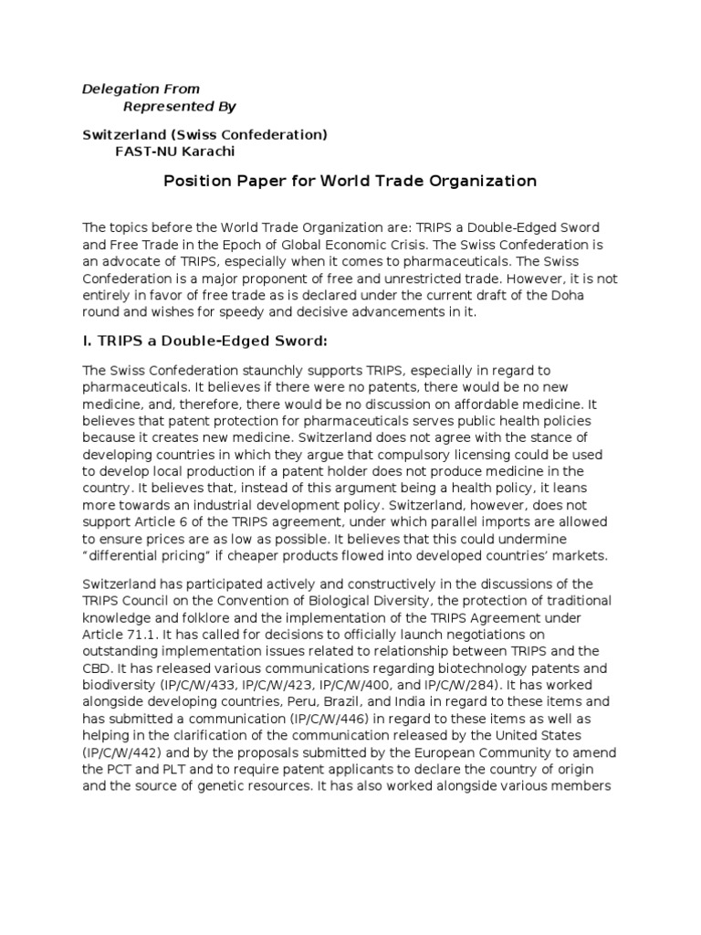 Switzerland's WTO Position on TRIPS & Trade | PDF | Doha Development ...