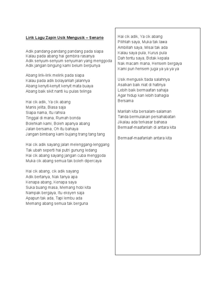 Lirik Lagu Zapin Usik Mengusik