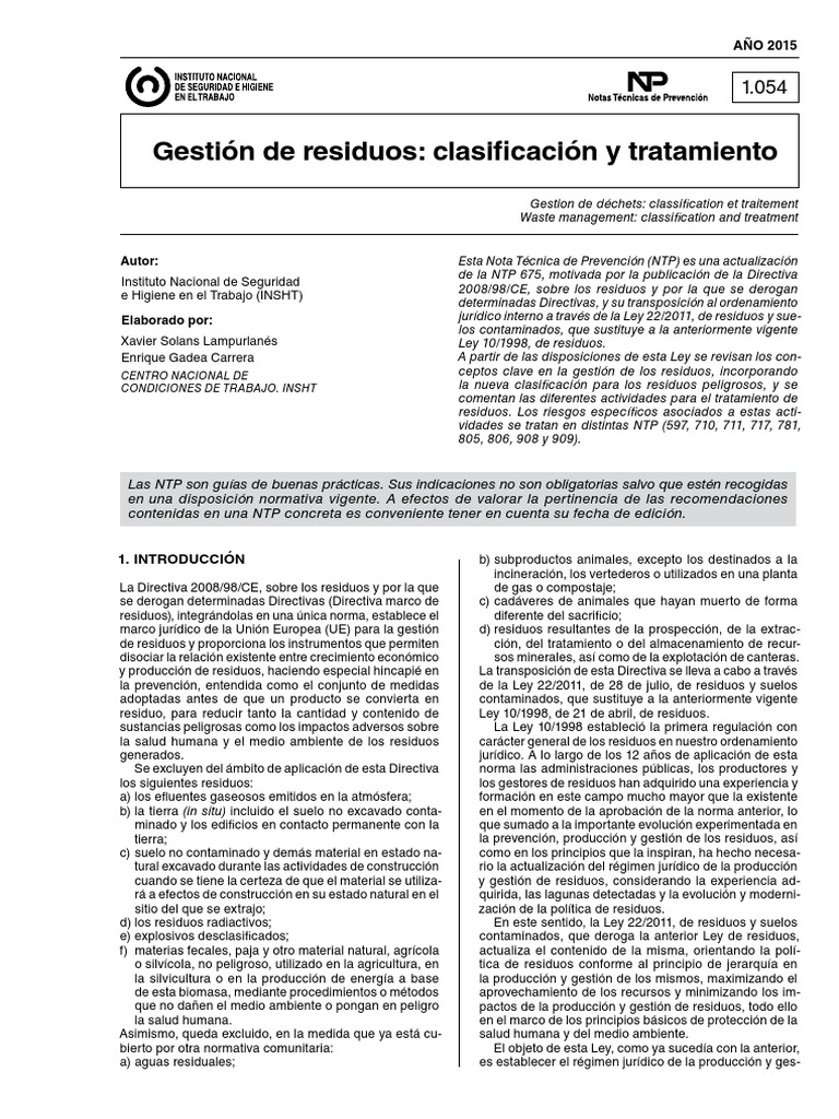 Gestión y Tratamiento de Residuos NTP 1054 | PDF | Compost | Residuos