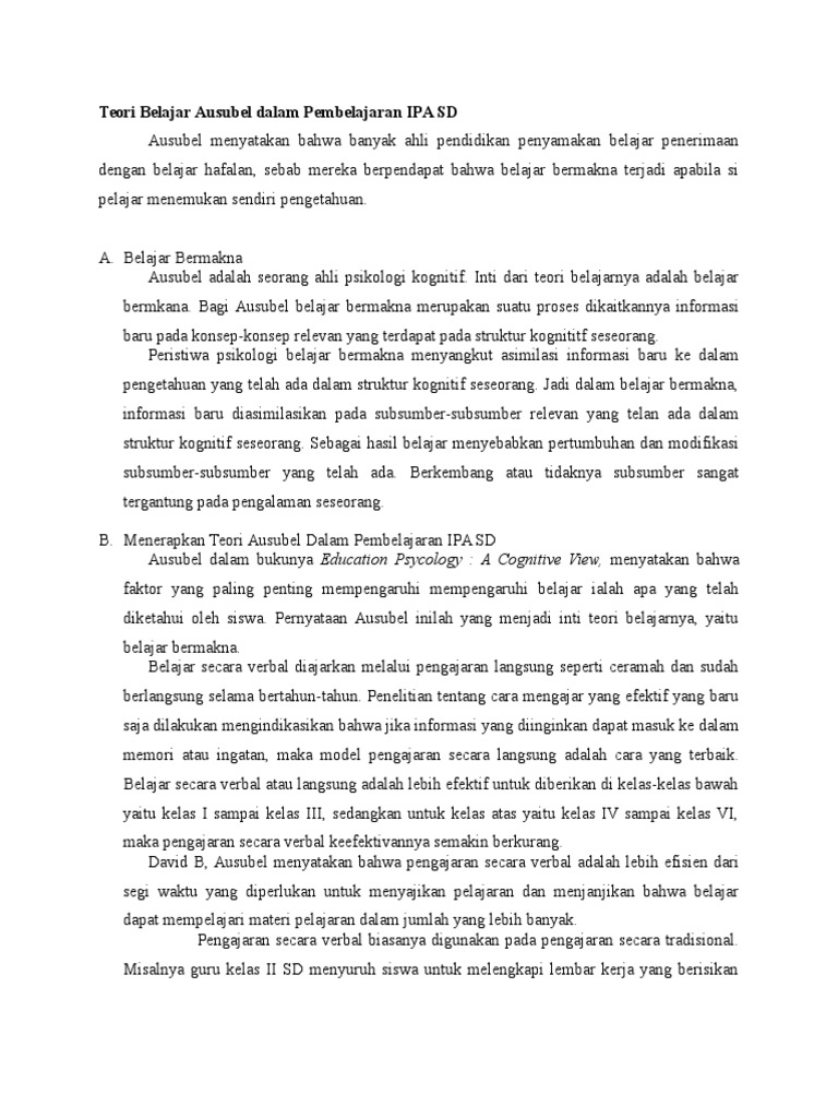 Teori Belajar Ausubel Dalam Pembelajaran IPA SD1 PDF