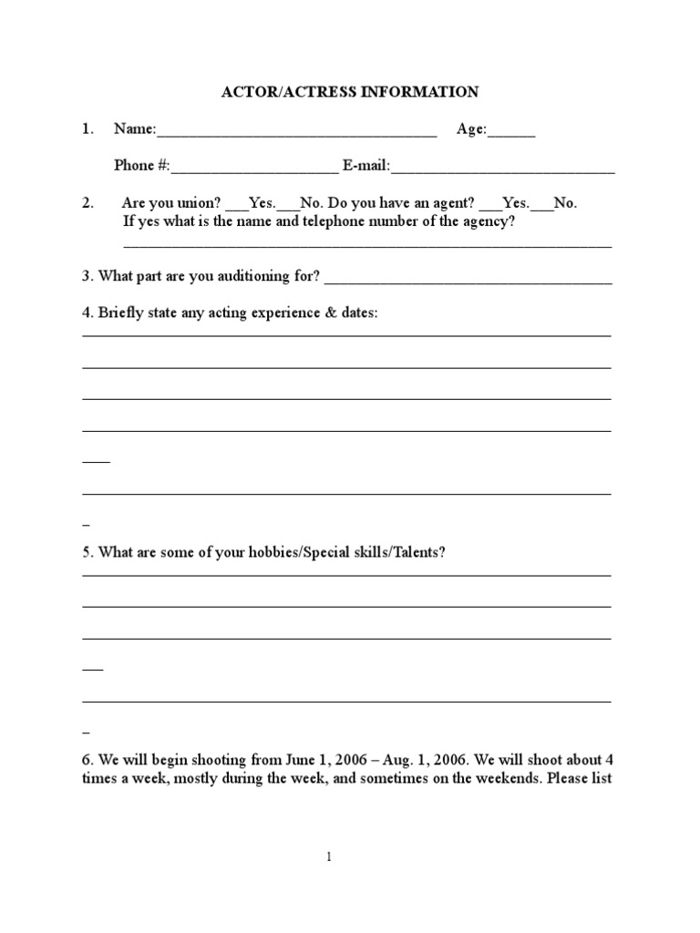Actor / Actress Information Form PDF