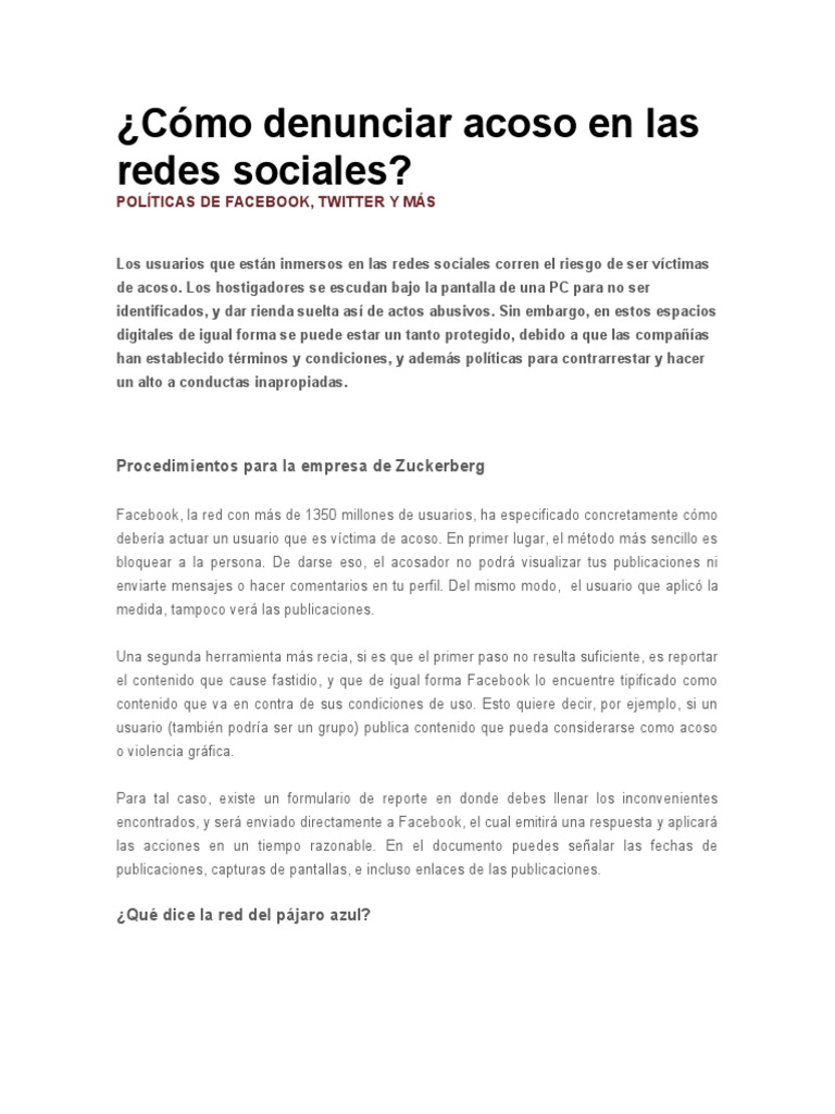 Cómo Denunciar Acoso en Las Redes Sociales | PDF | Facebook | Servicio ...