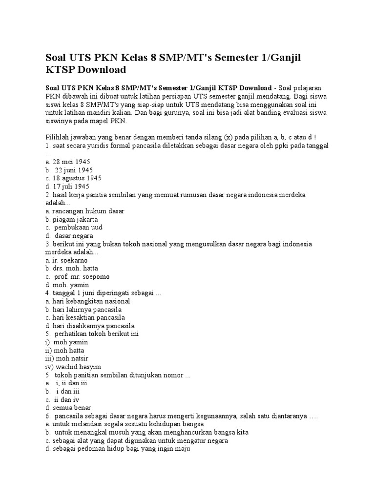 Soal Pkn Kelas 8 Semester 2 Dan Kunci Jawaban Kurikulum 2013