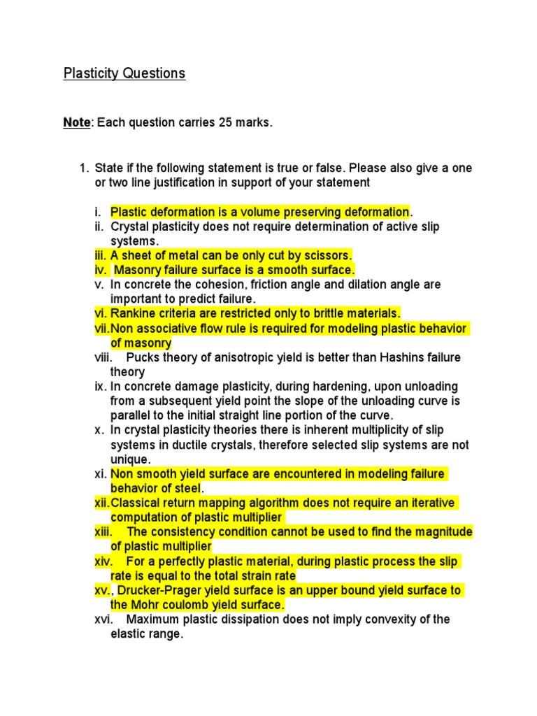 Plasticity Questions and Concepts | PDF | Yield (Engineering ...
