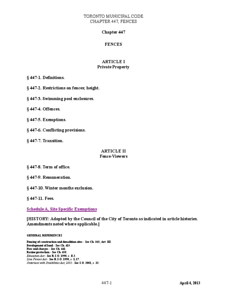 Toronto Bylaw Chapter 447 Fences PDF By Law Swimming Pool