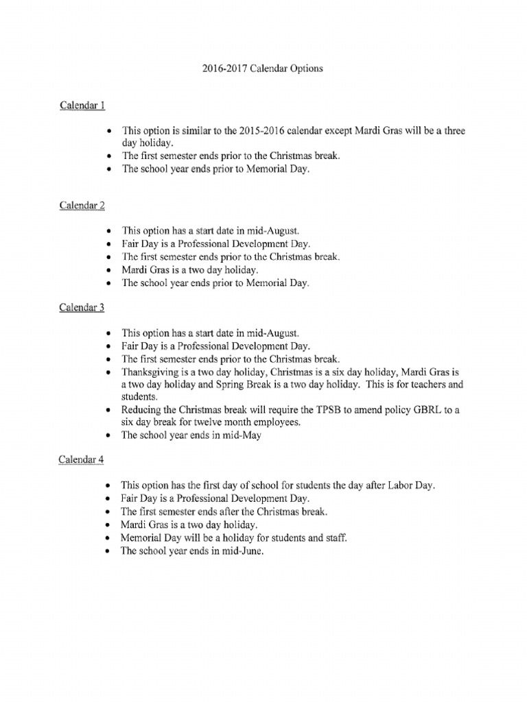 Proposed Calendar Options For For Tangipahoa Parish Schools PDF