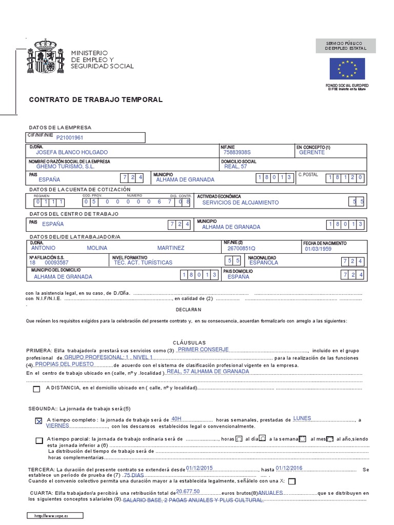 Ejemplo de contrato de trabajo temporal word