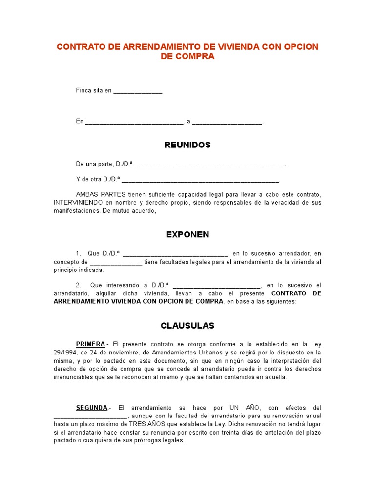 Modelo Contrato De Arrendamiento De Vivienda Con Opcion De Compra