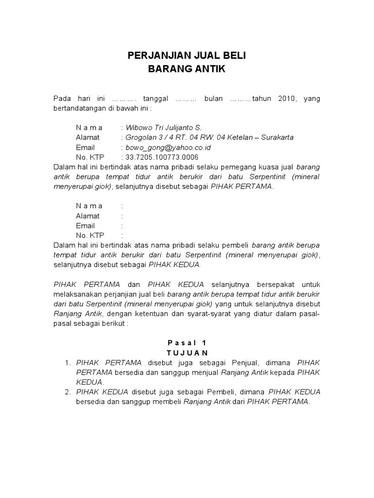 Contoh Surat Pernyataan Jual Beli Barang Antik