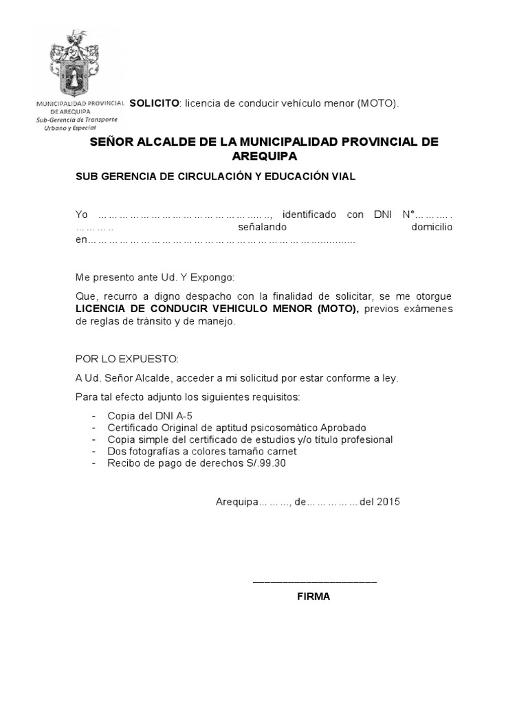Solicitud Licencia De Moto Pdf