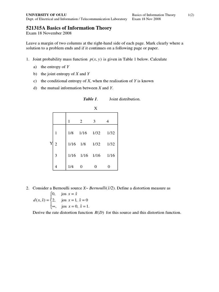 Information Theory Exam Questions | PDF