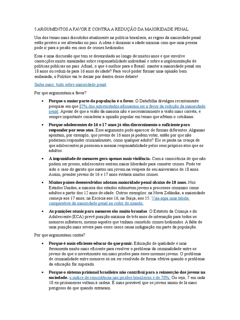 Argumentos A Favor Da Redução Da Maioridade Penal Brainly
