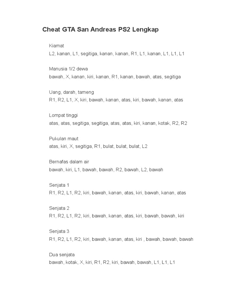 Cheat Lengkap GTA San Andreas PS2 PDF