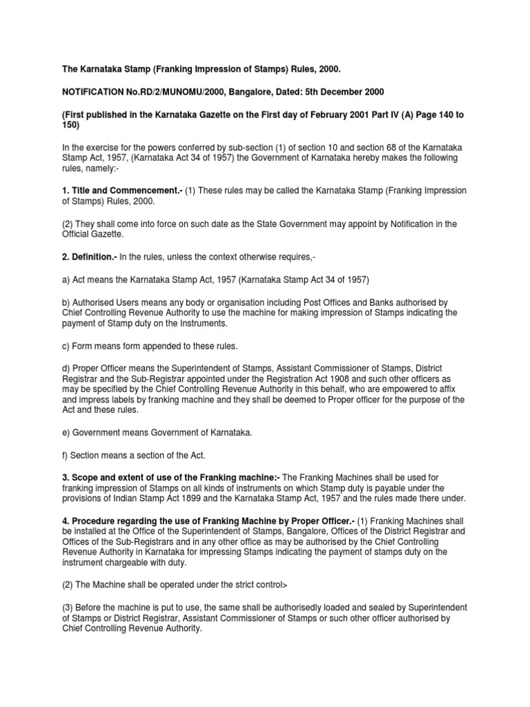 The Karnataka Stamp Rules (Franking), 2000 PDF Seal (Emblem) Cheque