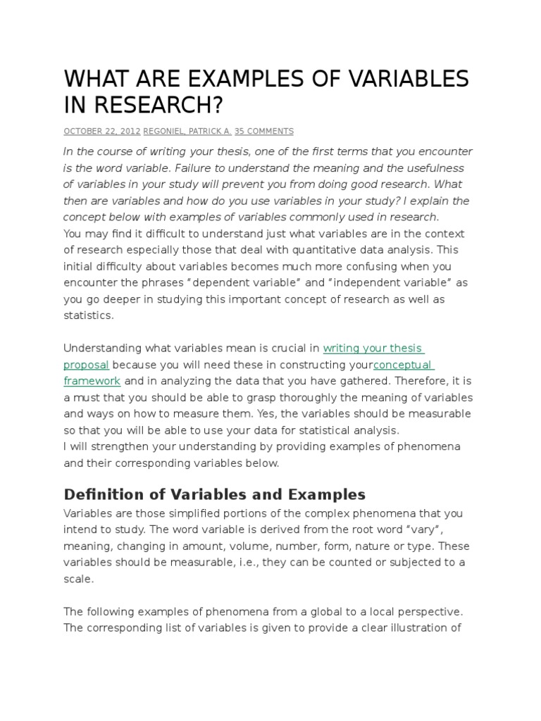 research paper variables examples