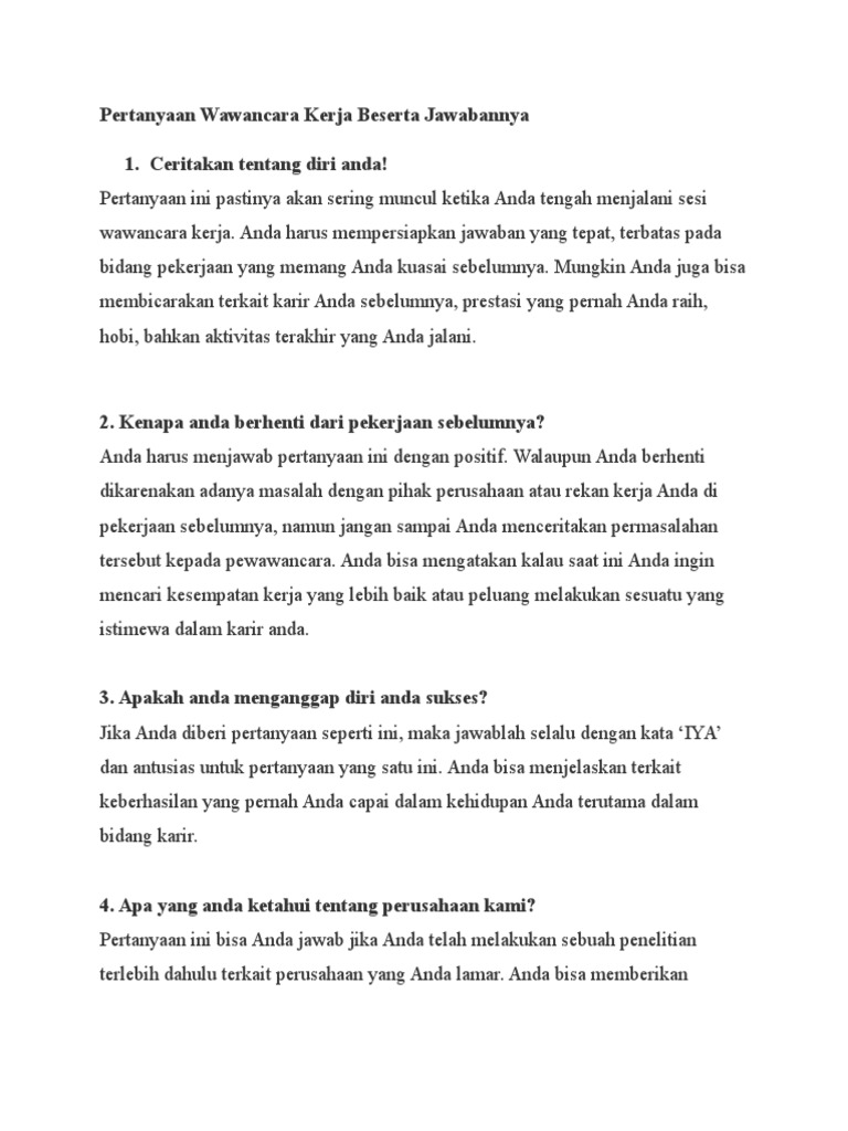 Pertanyaan Wawancara Kerja Beserta Jawabannya