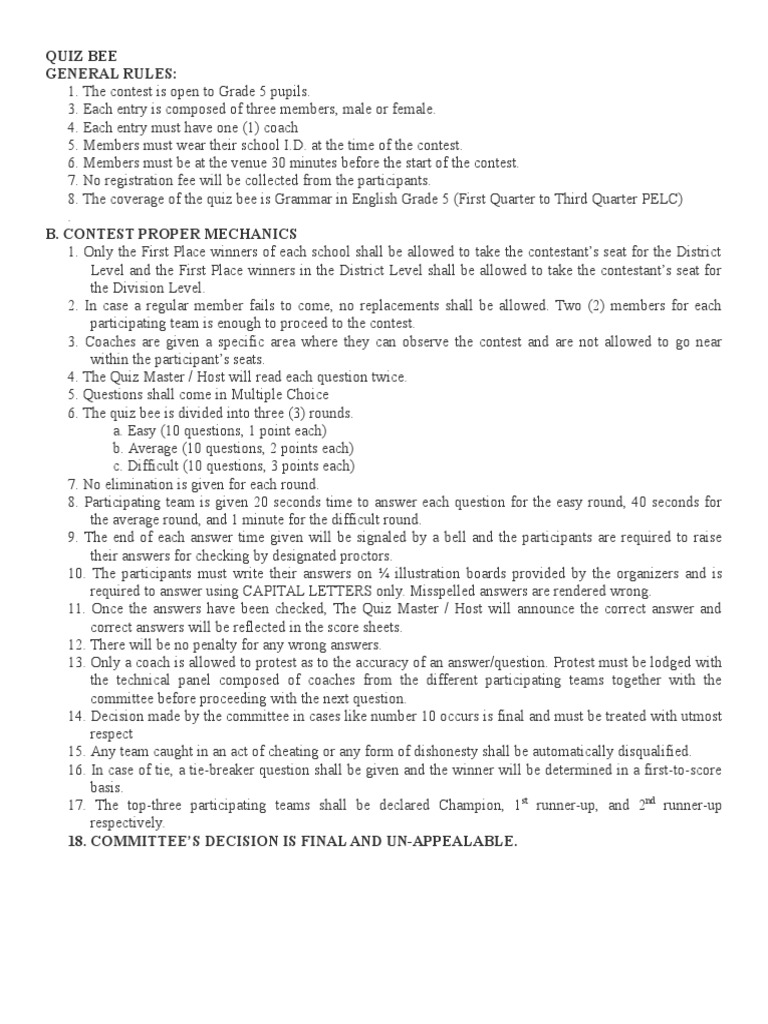 Quiz Bee Mechanics | Leisure