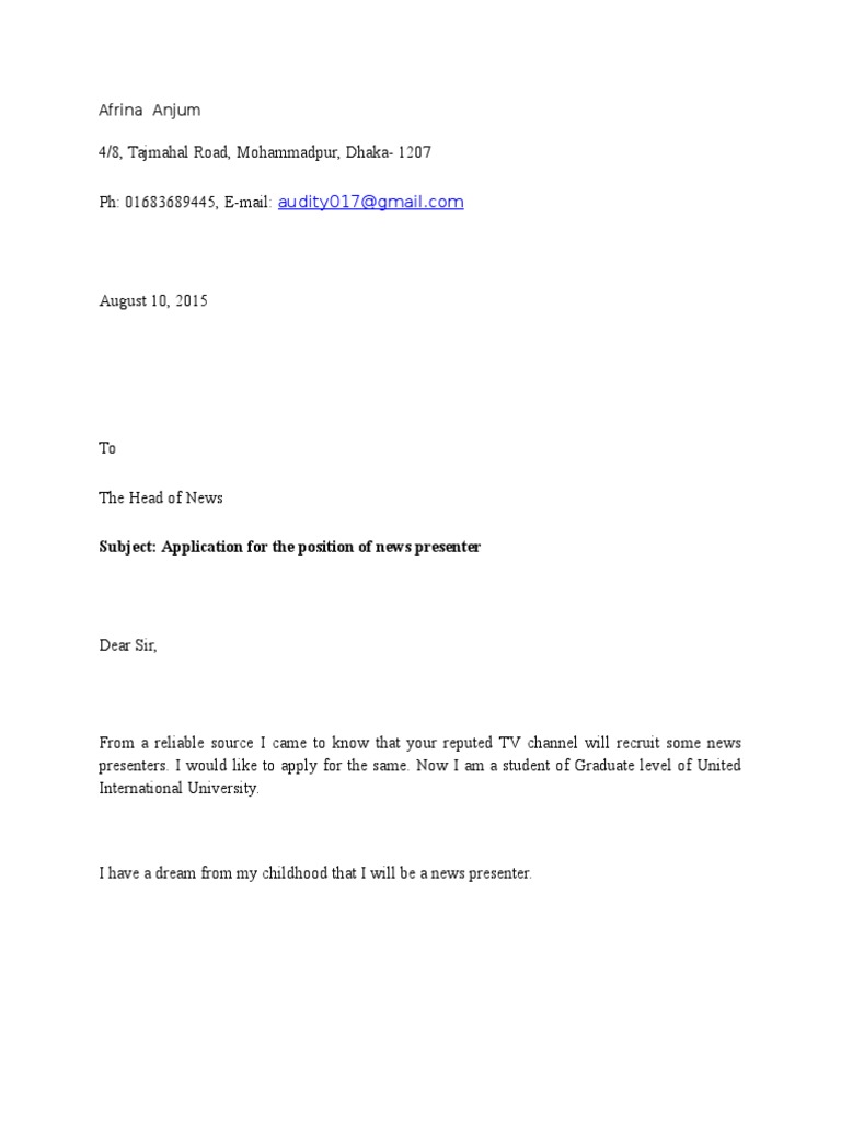 News Presenter Application Letter | PDF | Business | Social Science