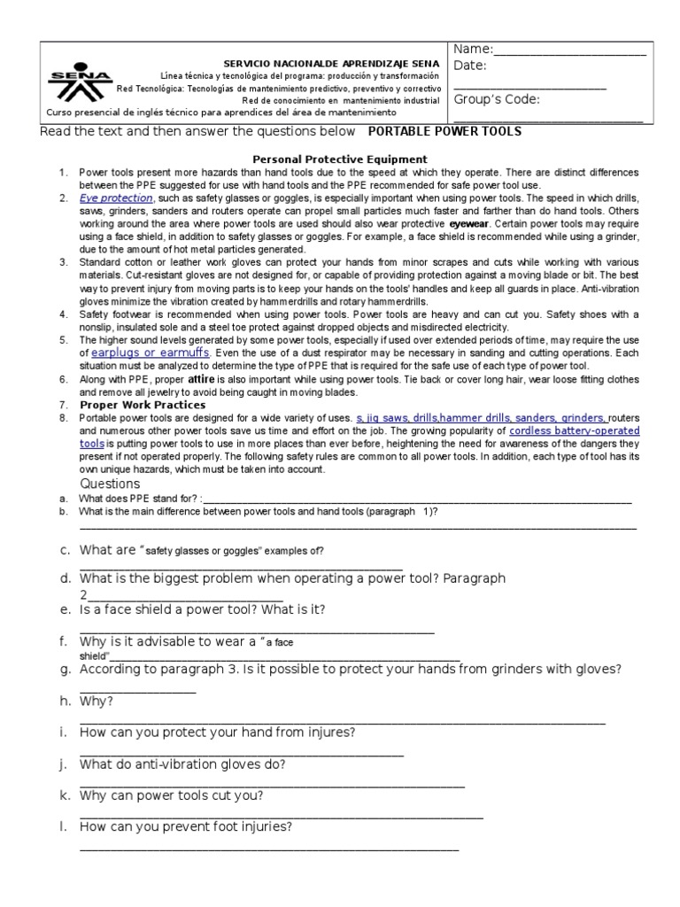 Portable Power Tools: Questions | PDF | Personal Protective Equipment ...