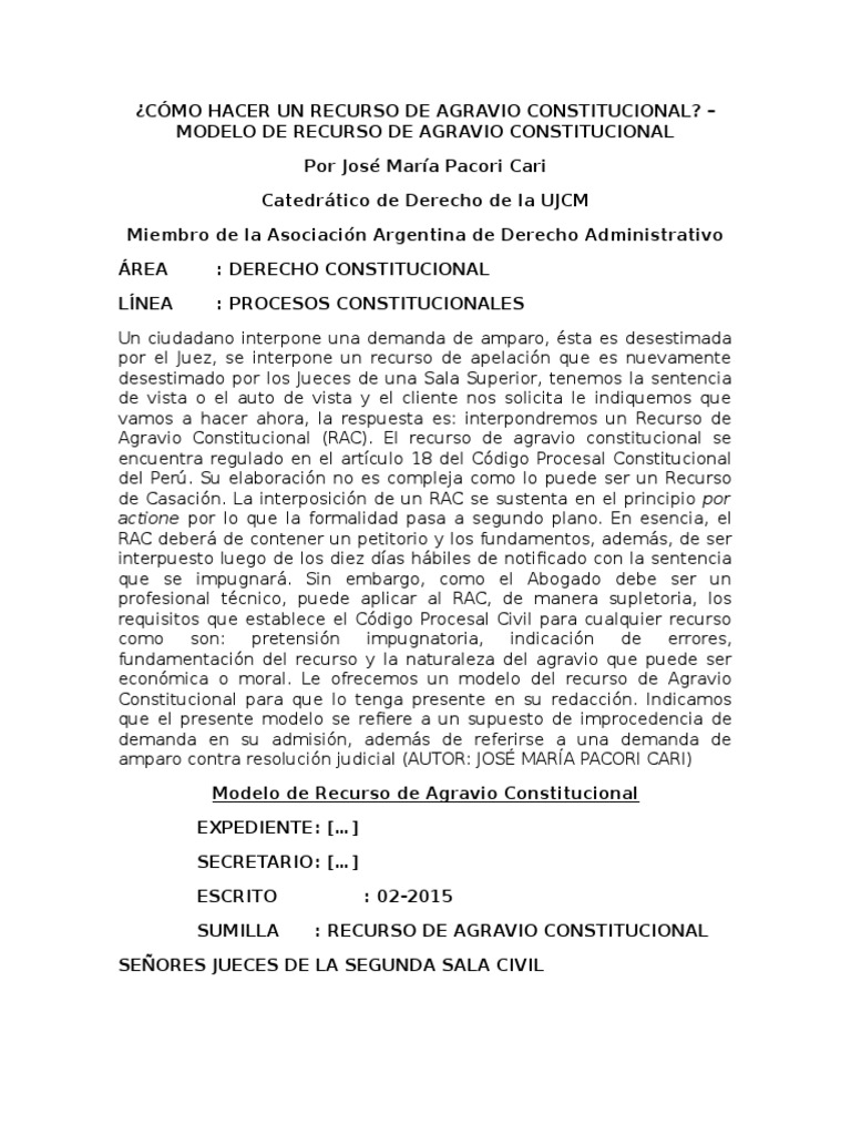Cómo Hacer Un Recurso de Agravio Constitucional - Modelo de Recurso de Agravio  Constitucional | PDF | Ley procesal | Caso de ley