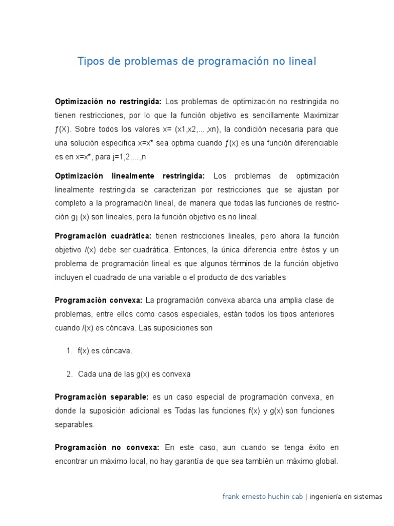 Tipos de Problemas de Programación No Lineal | Programacion no lineal ...