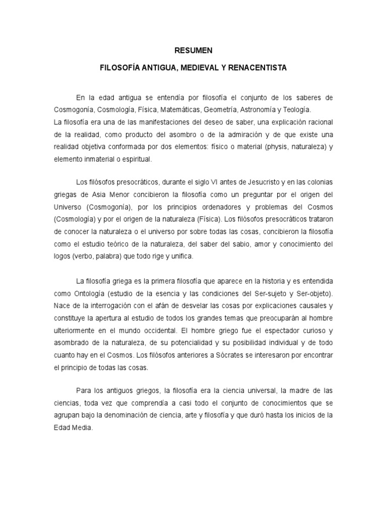 Resúmen de La Historia de La Filosofía (Antigua, Medieval