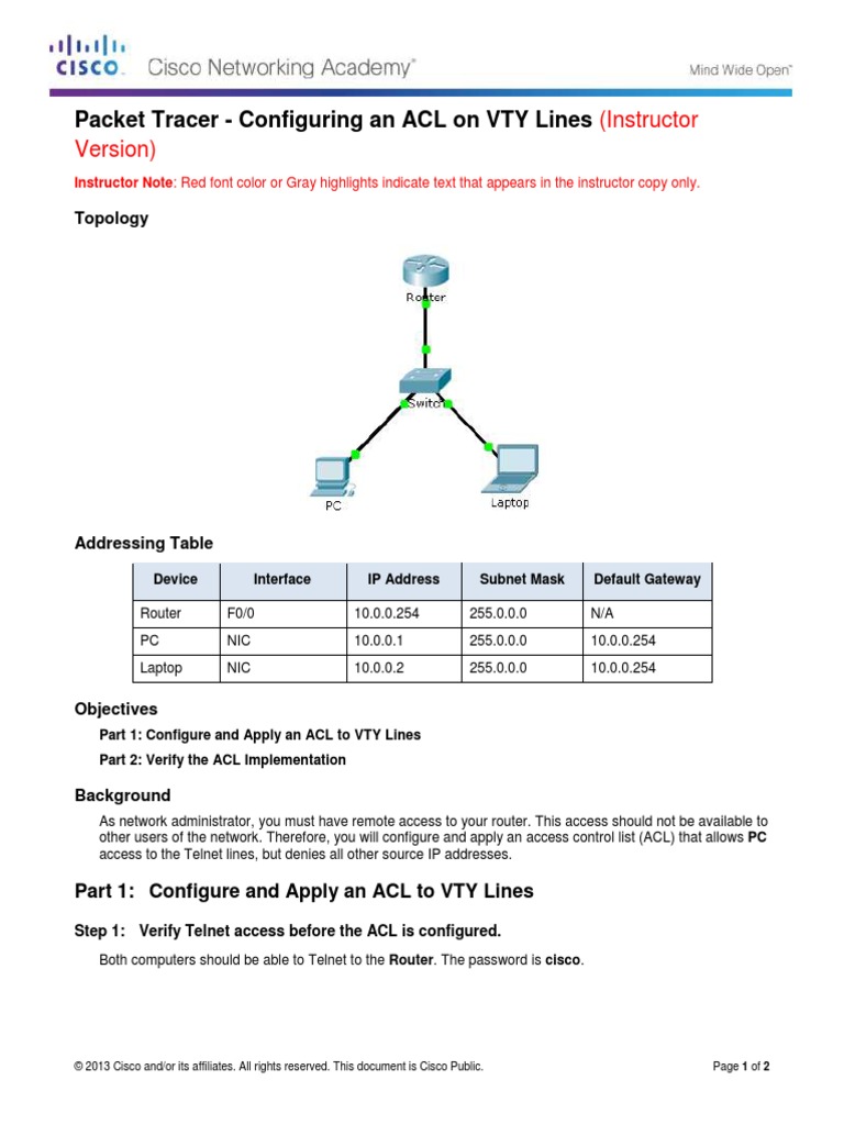 9.2.3.3 Packet Tracer Configuring an ACL on VTY Lines Instructions IG