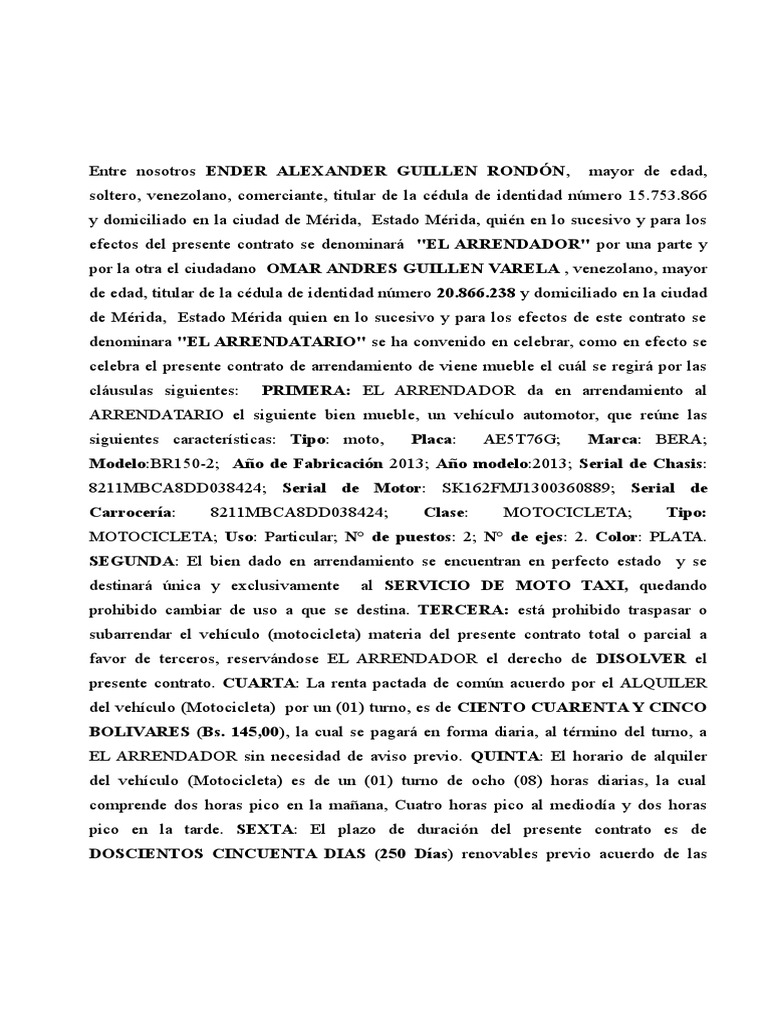 Contrato de Alquiler de Motocicleta | PDF | Alquiler | Motocicleta