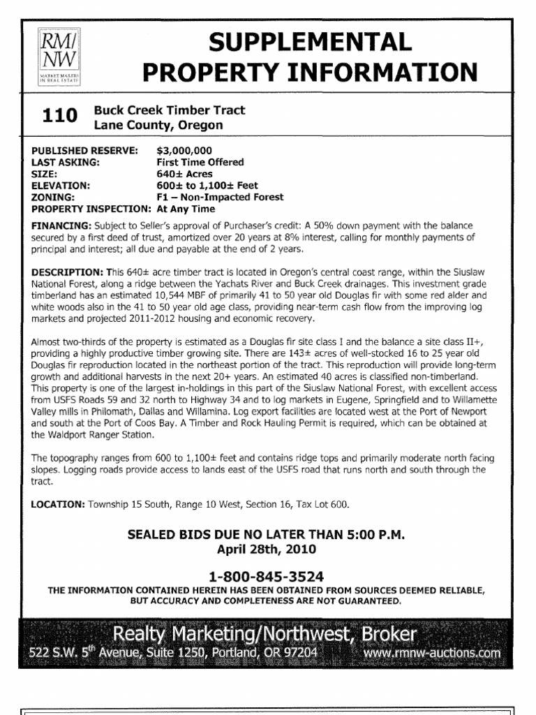Supplemental Property Information Buck Creek Timber Tract Lane County