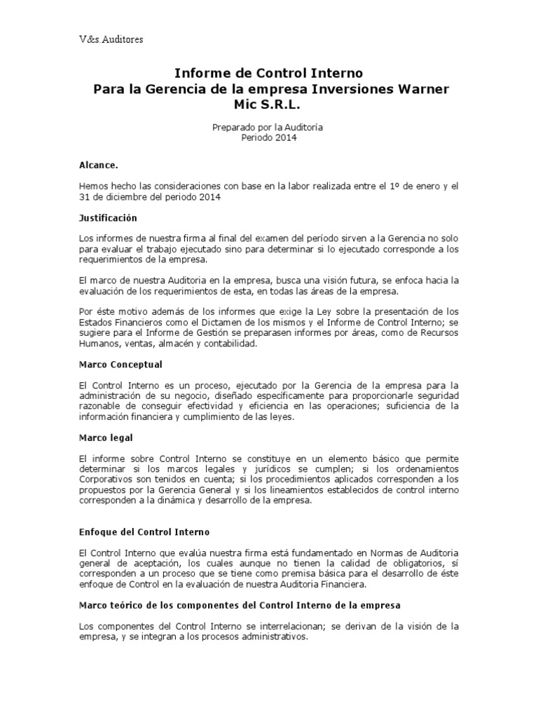 Informe de Control Interno | Contabilidad | Auditoría financiera