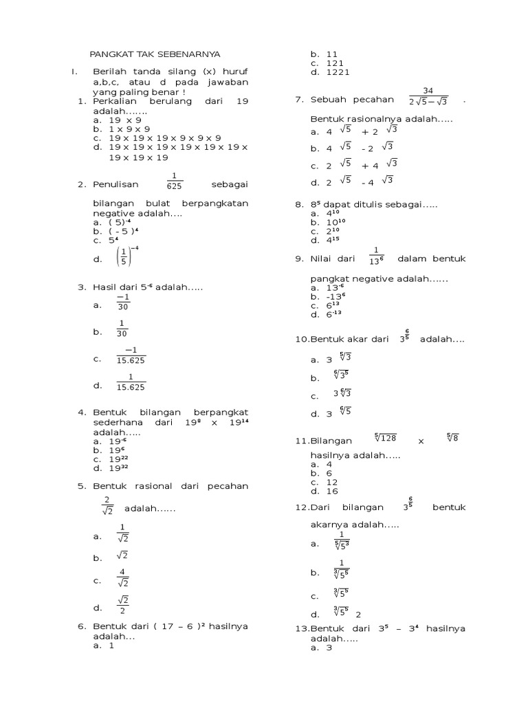 Latihan Soal Matematika Akar Dan Pangkat Kelas 9