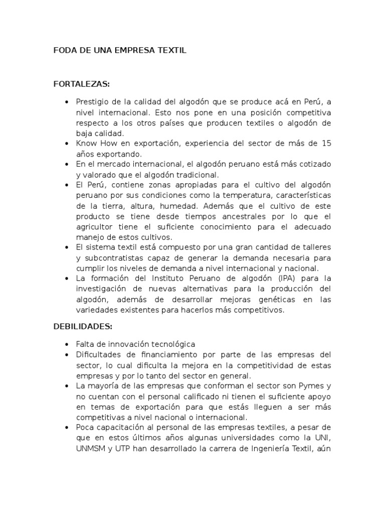 Foda De Una Empresa Textil Algodon Analisis Foda