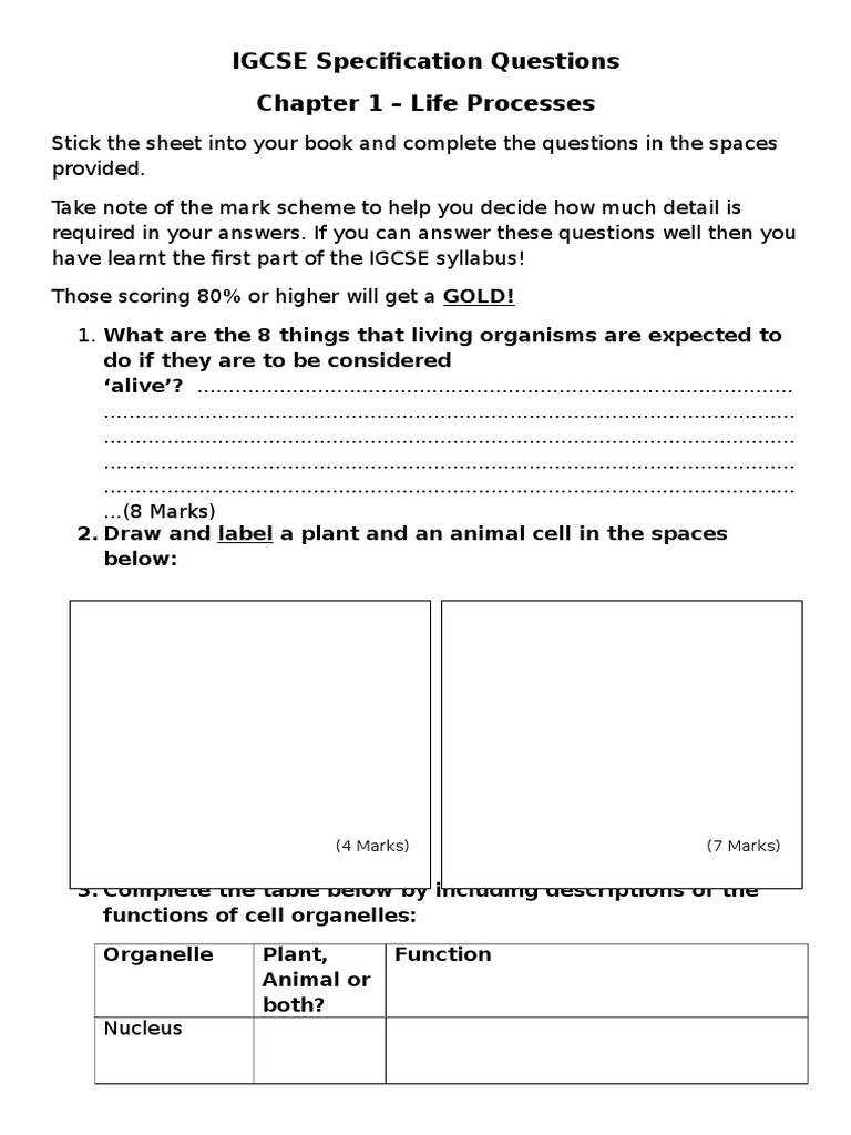 IGCSE Specification Questions - Life Processes | PDF