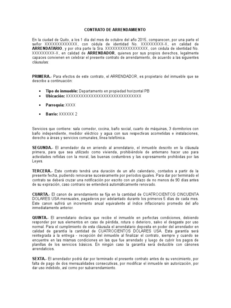 Modelo de Contrato de Arrendamiento Ecuador esp Alquiler