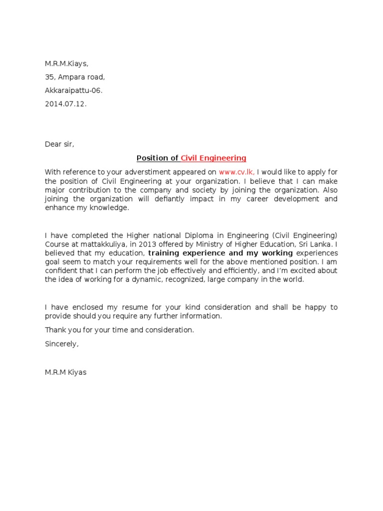 Civil Engineering Job Application Letter | PDF | Technology & Engineering