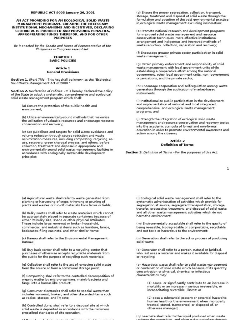 Ecological Solid Waste Management Act PDF Waste Management Municipal Solid Waste