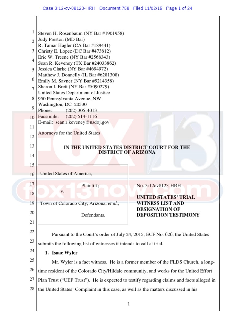 US Trial Witness List for Colorado City Case | PDF | Testimony | Expert ...