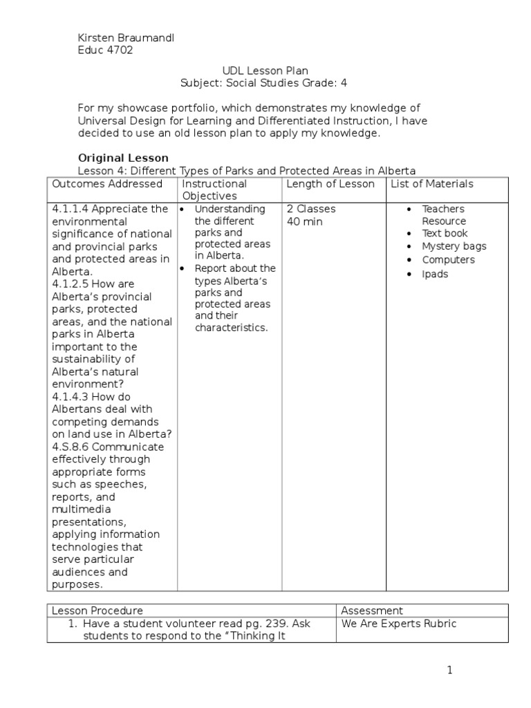 UDL Lesson Plan: Alberta Parks Overview | PDF | Lesson Plan ...