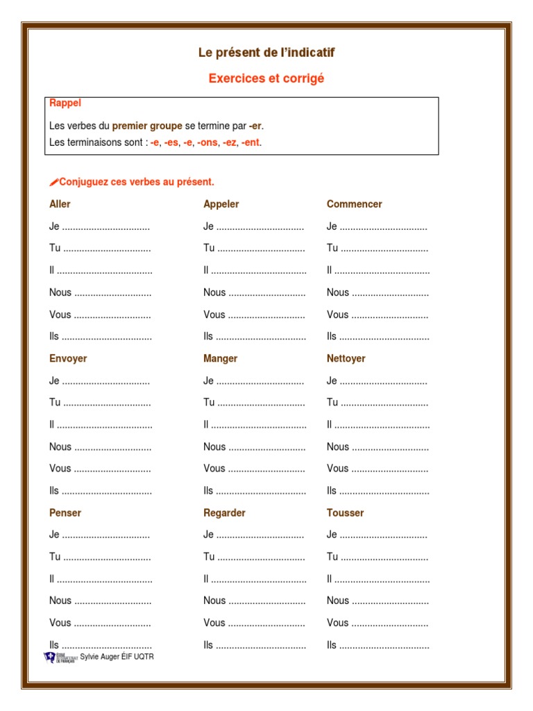 Exercice Présent De L'indicatif Cm2 Le Present de l'Indicatif Exercices Et Corrige Web
