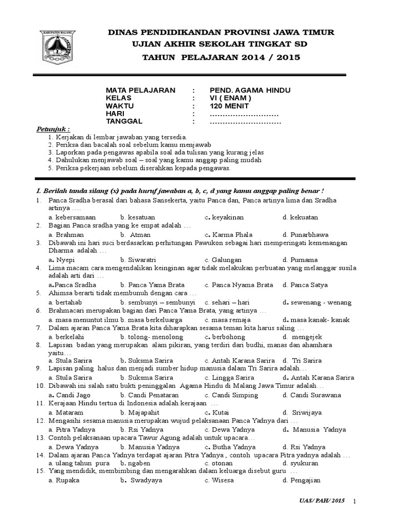 Soal-soal Ujian Agama Hindu 2015