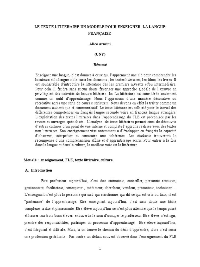 Le Texte Litteraire Un Modele Pour Enseigner La Langue Francaise