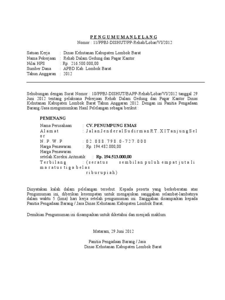 Surat Pemberitahuan Kalah Tender