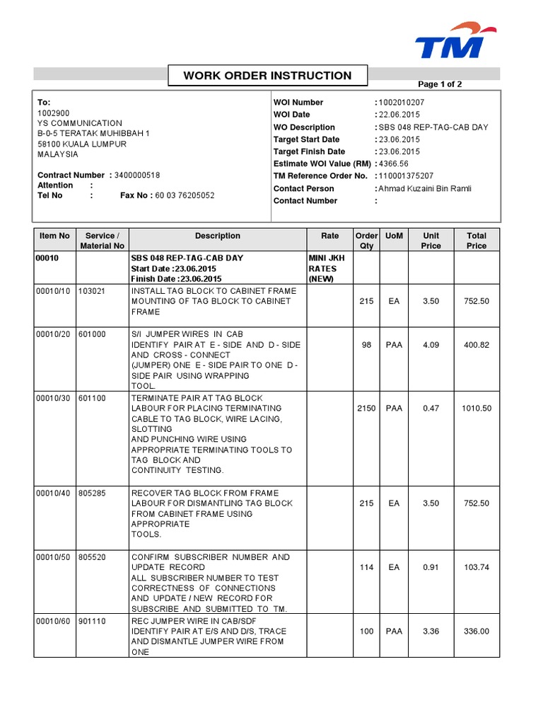 Work Order for Tag Block Replacement | PDF